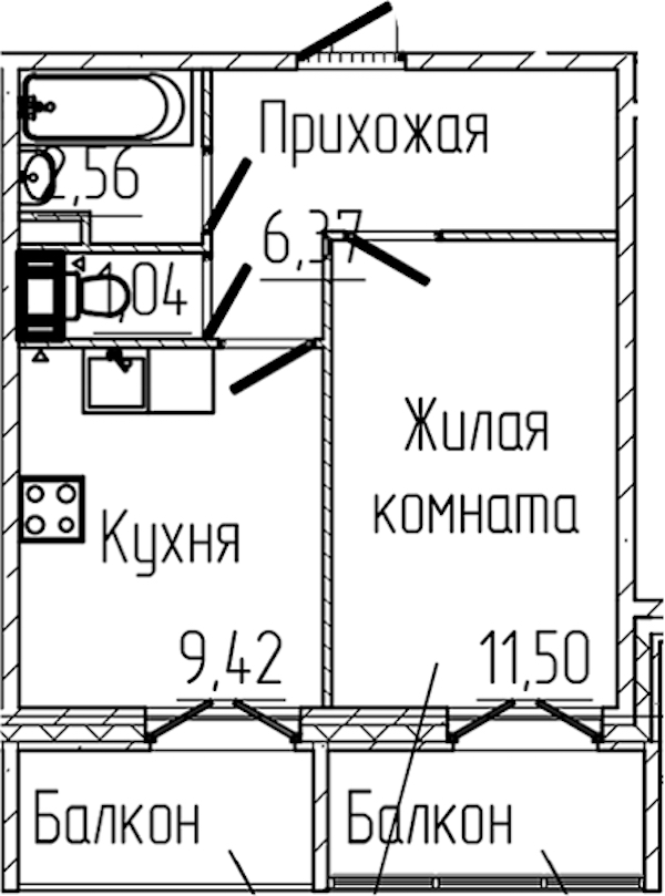 1-комнатная квартира 32.89 м², 8/8 эт., ЖК «SERTOLOVO PARK»